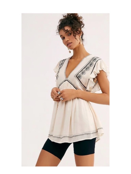 Free People Tops - Women's Cream Embroidered V-Neck Peplum Top